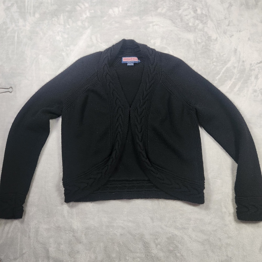 Vineyard Vines Cable Knit Hook Eye Black 100% Merino Wool Women's Cardigan Sz M‎